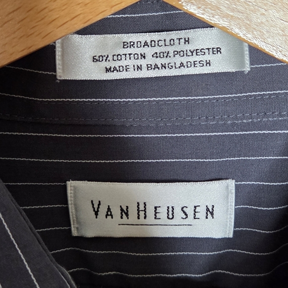VanHeusen | Dark Charcoal Gray & White Pinstripe Button Front Shirt French Cuff - Picture 3 of 6